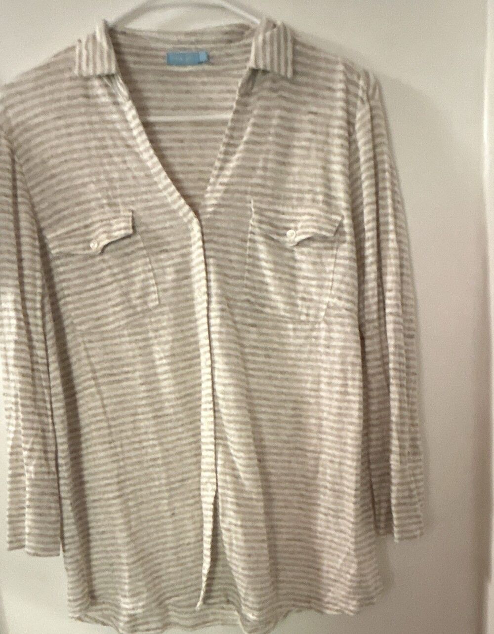 J. McLaughlin Women’s Beige & White Striped Linen Knit Button Blouse 3/4